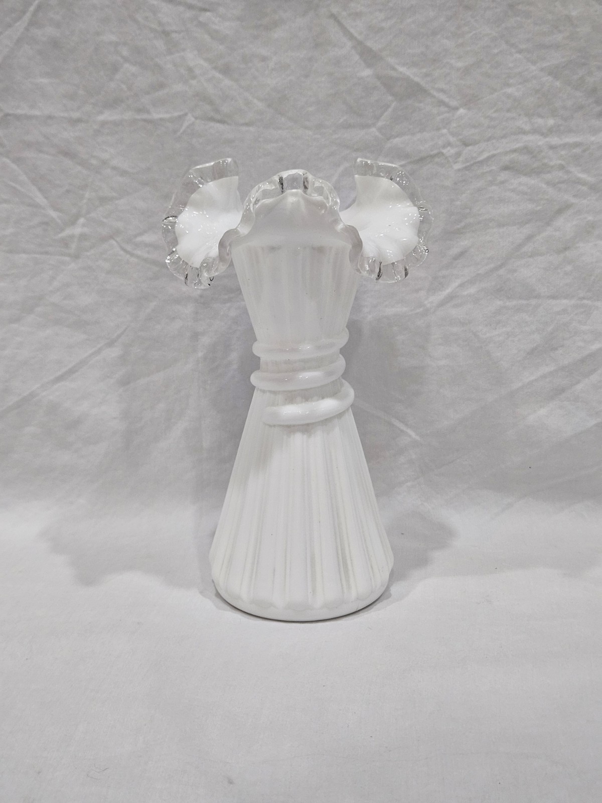 Fenton White Milk Glass Double Crimp Ruffled Wheat Vase 8″ Vintage Bud Vase