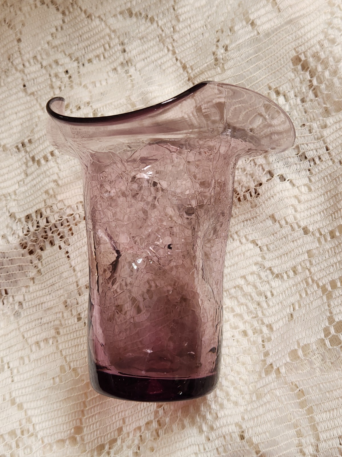 Crackle Blown Glass Fluted Vase Candleholder Amethyst Purple Orchid Dimpled Vtg