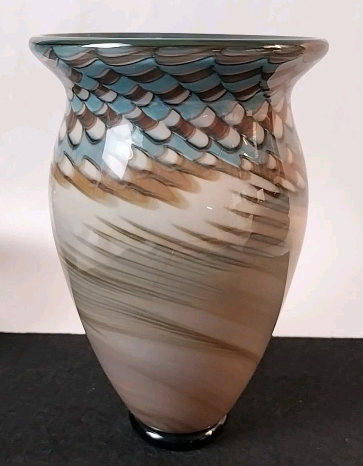 VTG Signed Nancy Freeman Art Glass Vase Peacock Feather 6.5″ Amazing & Perfect!!