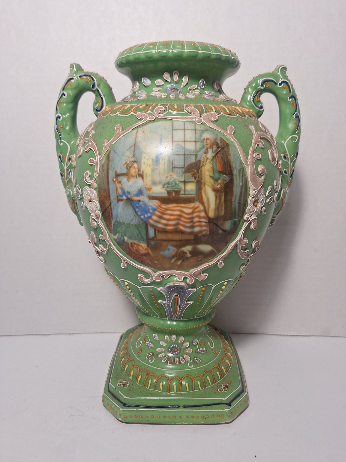 BEAUTIFUL ANTIQUE NIPPON HAND PAINTED GEORGE WASHINGTON MORIAGE PORCELAIN VASE