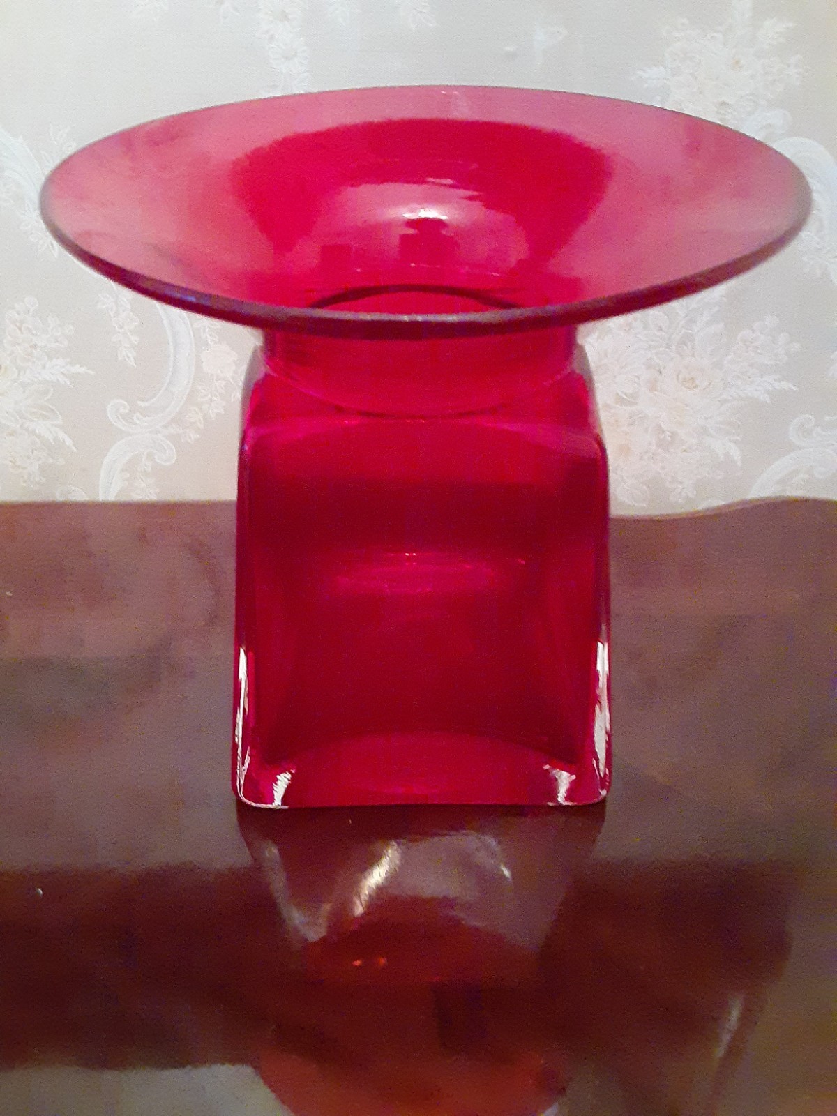 Vintage Hand Blown Ruby Red Art Glass Spittoon Vase Square Base Round Opening