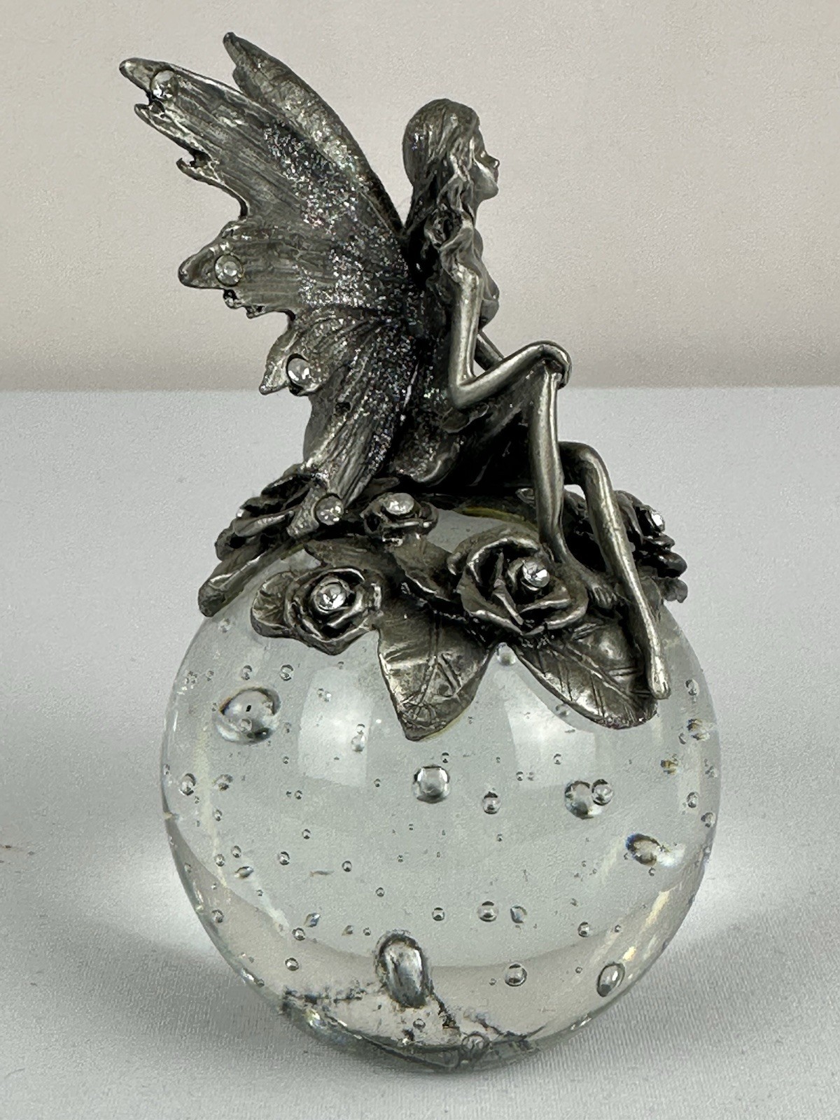 Pewter Fairy With Roses & Rhinestones Glass Paperweight With Bubbles