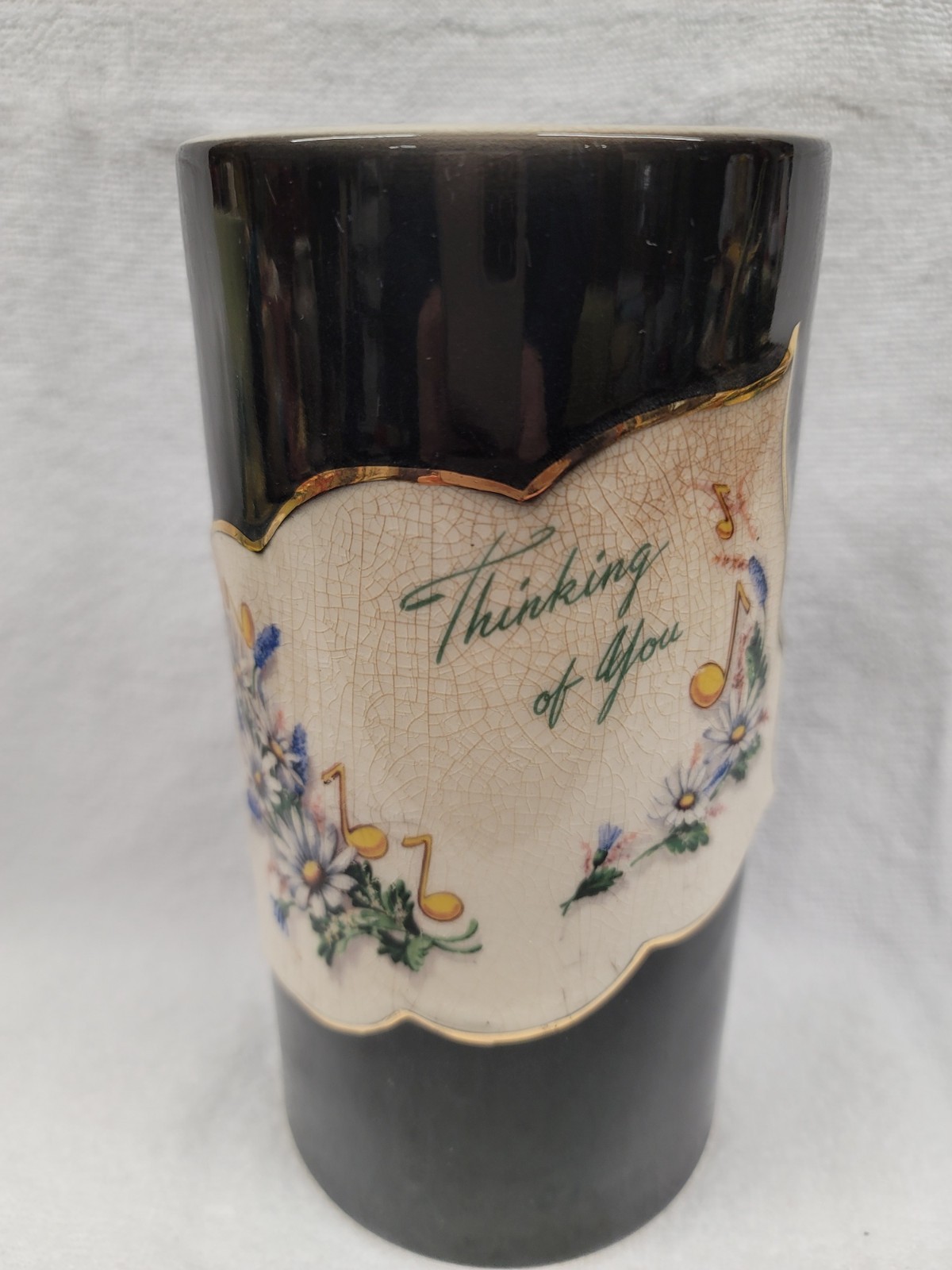 8″ CYLINDRICAL DECAL VASE “THINKING OF YOU” BY ROYAL COPLEY, ROYAL WINDSOR
