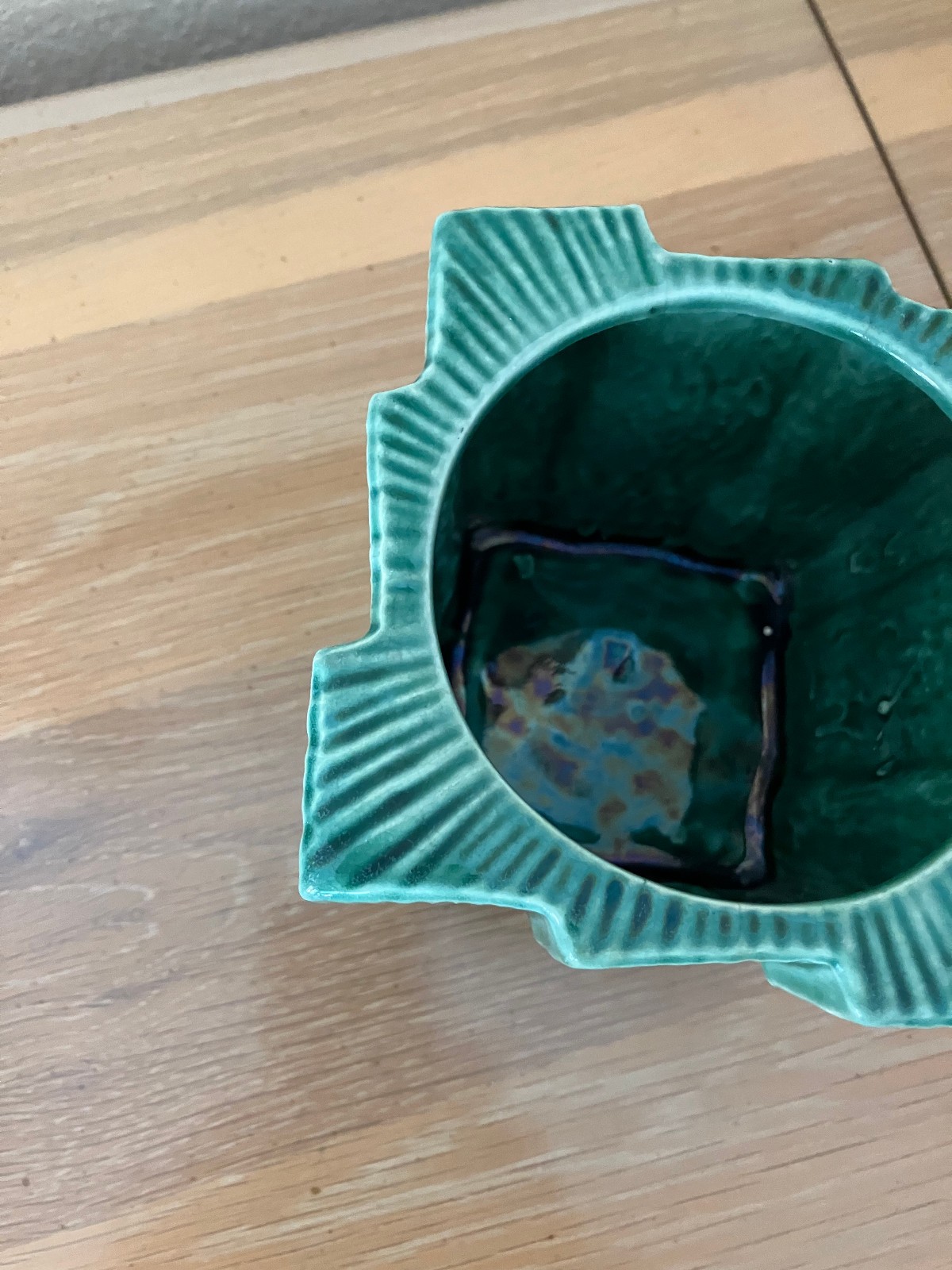 VTG McCoy GREEN Basket Weave or Shingle SQUARE Planter; 4 3/4″ X 4 3/4″ X 4″