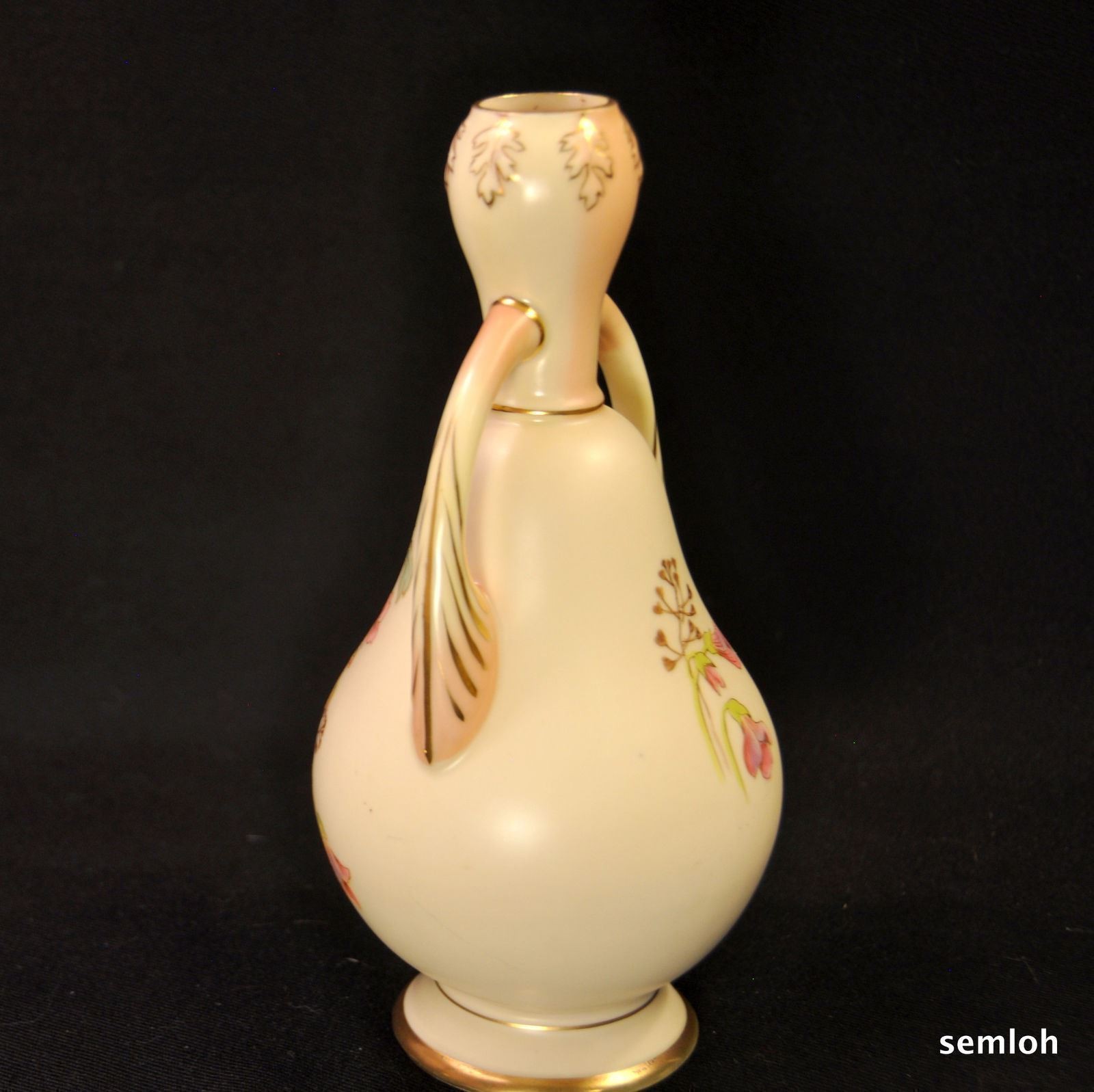 Austria Robert Hanke Vase 2 Handled 1890’s-1914 Hand Painted Blush Ivory w/Gold