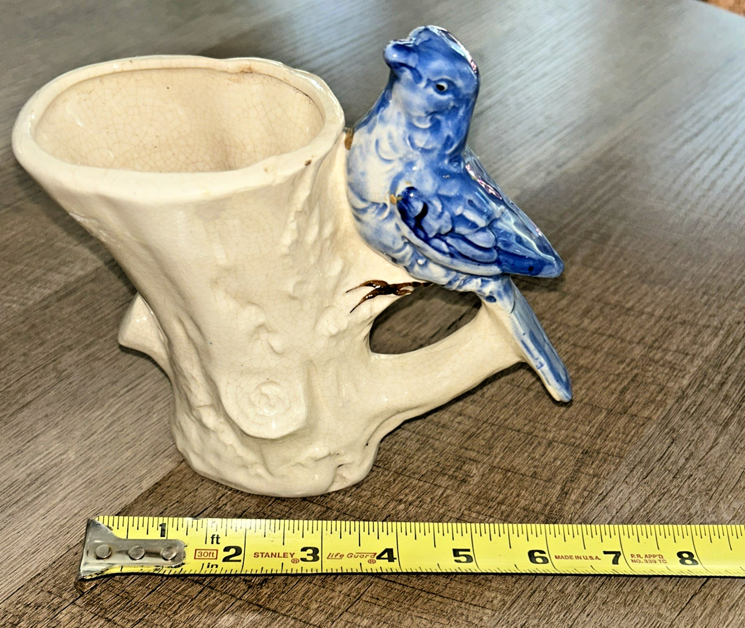 Vintage Ceramic Blue Bird Perched on Branch Planter Tree Trunk with Bird
