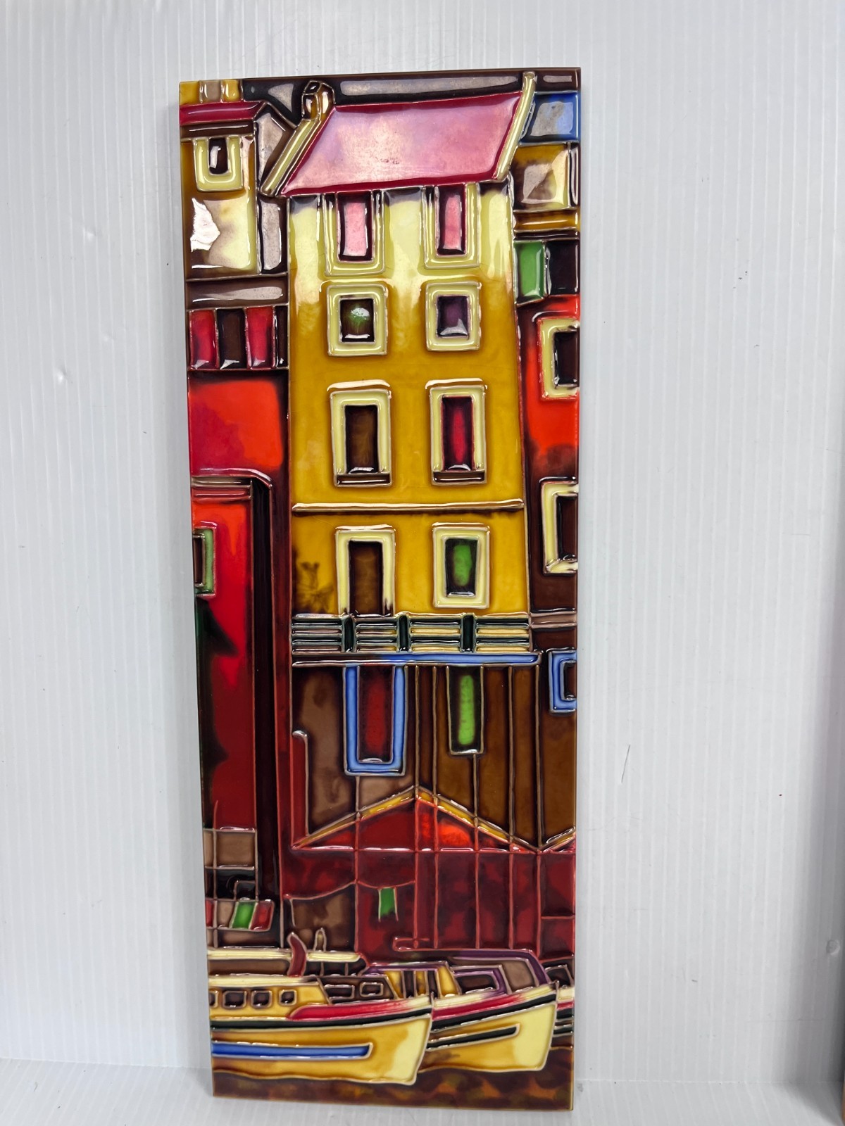 Art Deco Ceramic Decorative Tile Wall Art Gallery Village Boats Italy 15” x 5”
