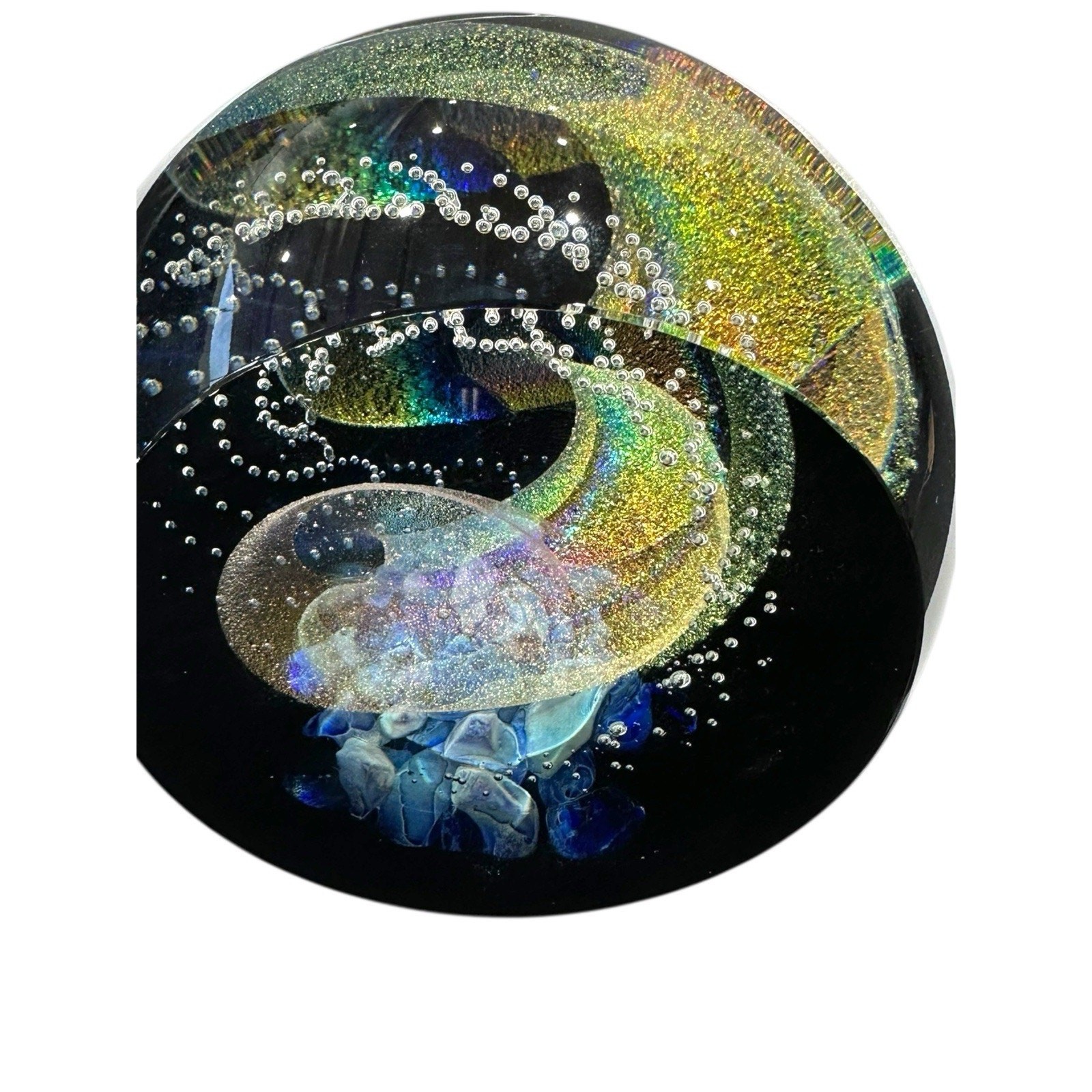 NEW Galaxy Orb 6” Swirls Dichroic Glass World Paperweight Signed Garrelts Glass