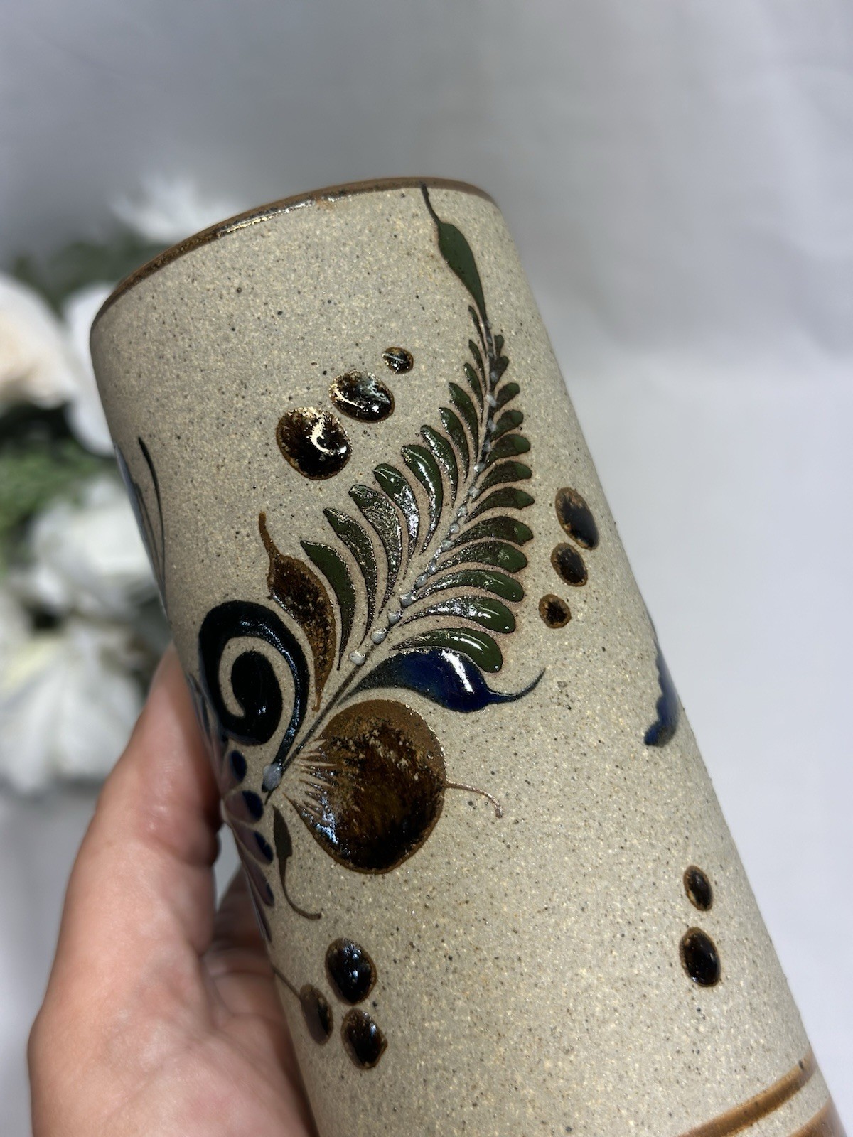 Vintage Signed Tonala Mexican Pottery Vase Hand Painted Folk Art 6” Tall