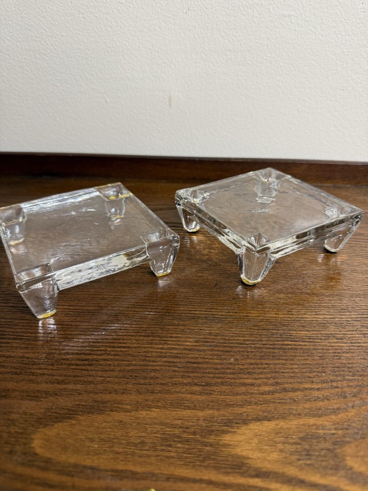 Lot of 2 Clear Glass Square Ashtrays with Raised Feet, 4 Footed Design