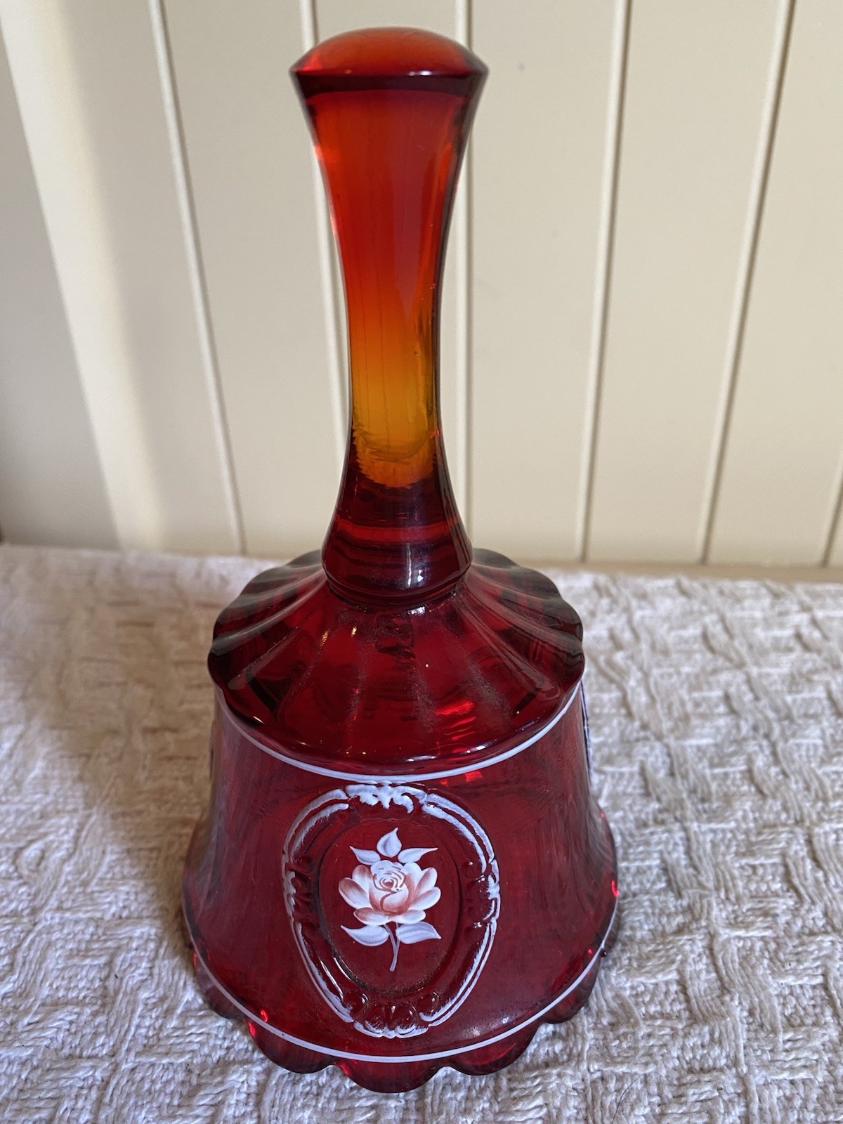 Westmoreland Bell Floral Rose Ruby Red Orange 1980 Hand Painted Cameo Marked