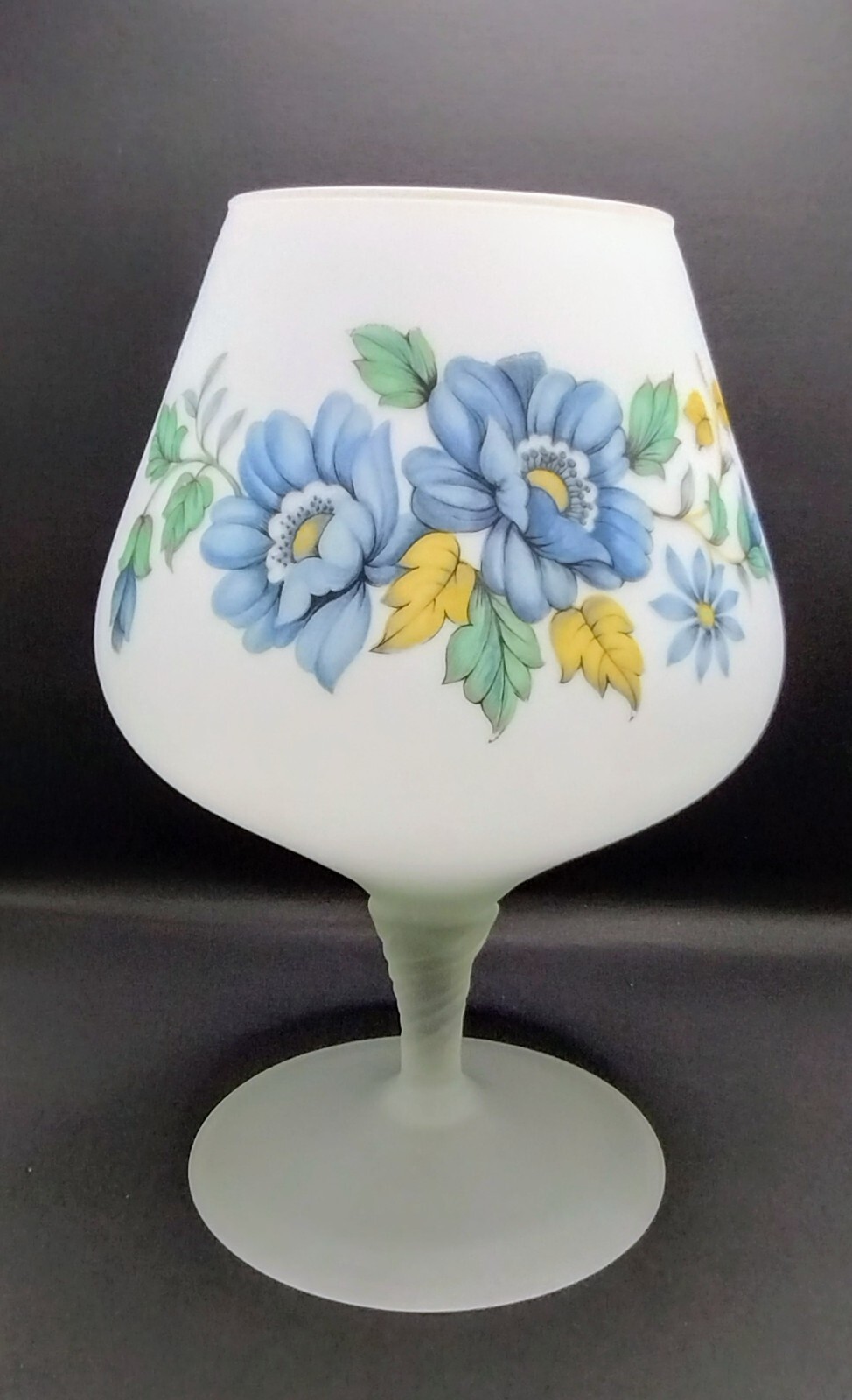 Vintage Blue Floral Italian Satin Glass Compote Vase 10 Inches Tall Empoli?
