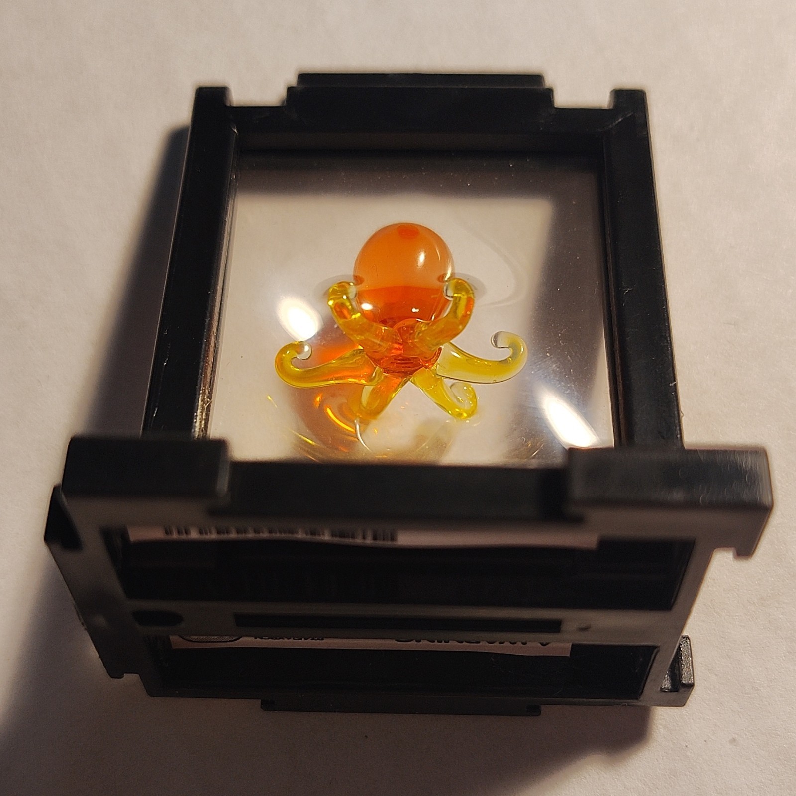 Glass Octopus Figurine Orange & Yellow in Black Display Case, Sea Life Decor