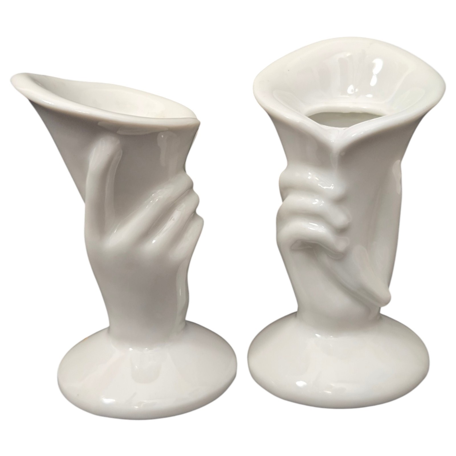 Hand Cornucopia Candle Holder Pair Vase White Porcelain Glass Vtg Art Deco Style