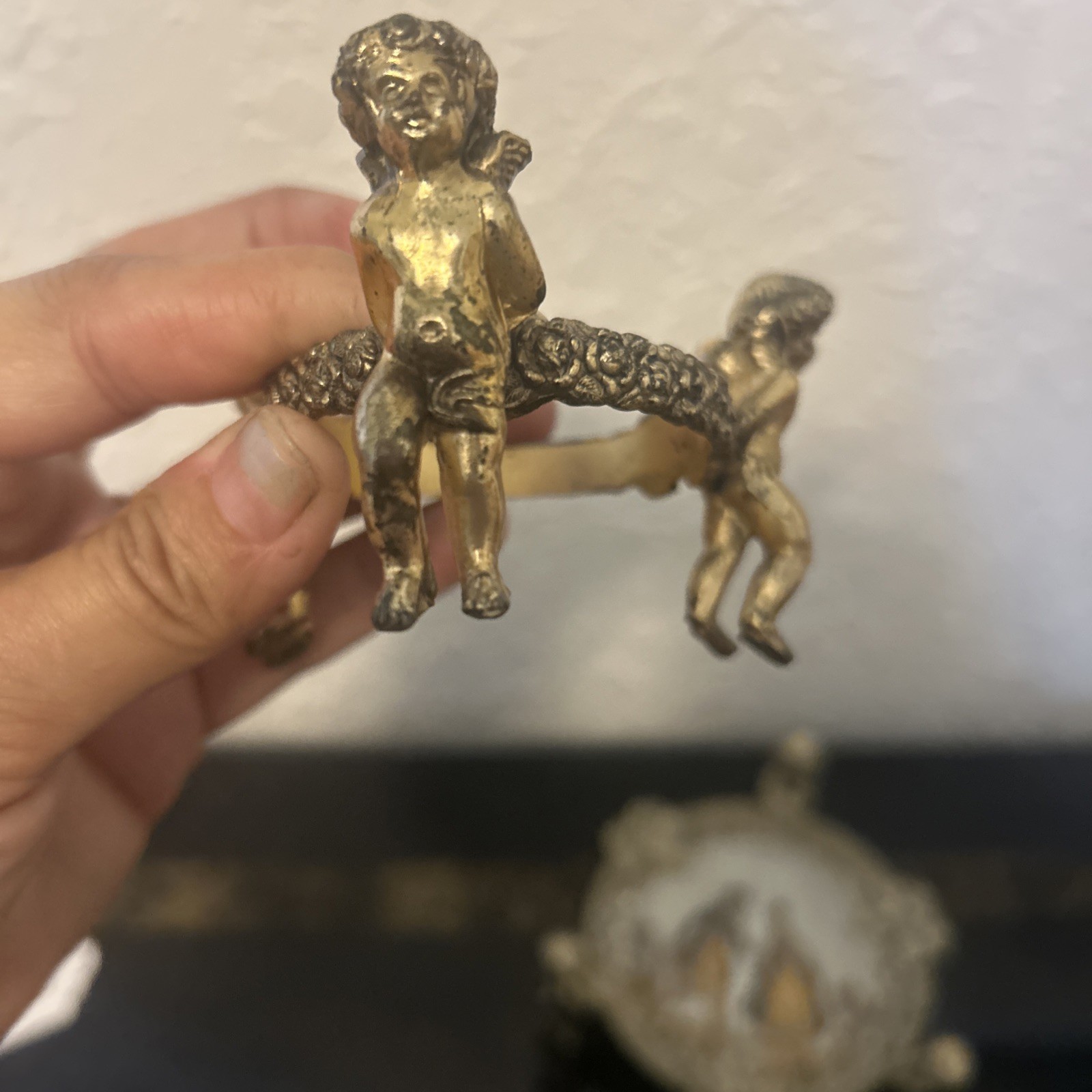 Antique Porcelain Germany Kalk Crossed Arrows Mark Bronze cup & Ashtray Cupids