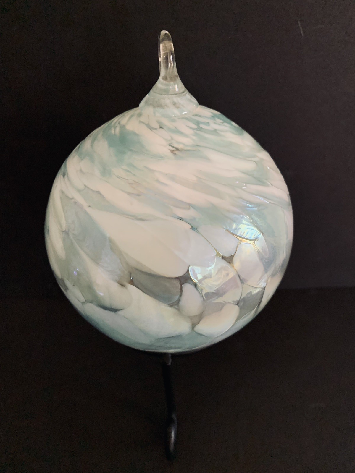 Glass Ball Ornament Swirl Design Iredescent Seafoam Green White Christmas