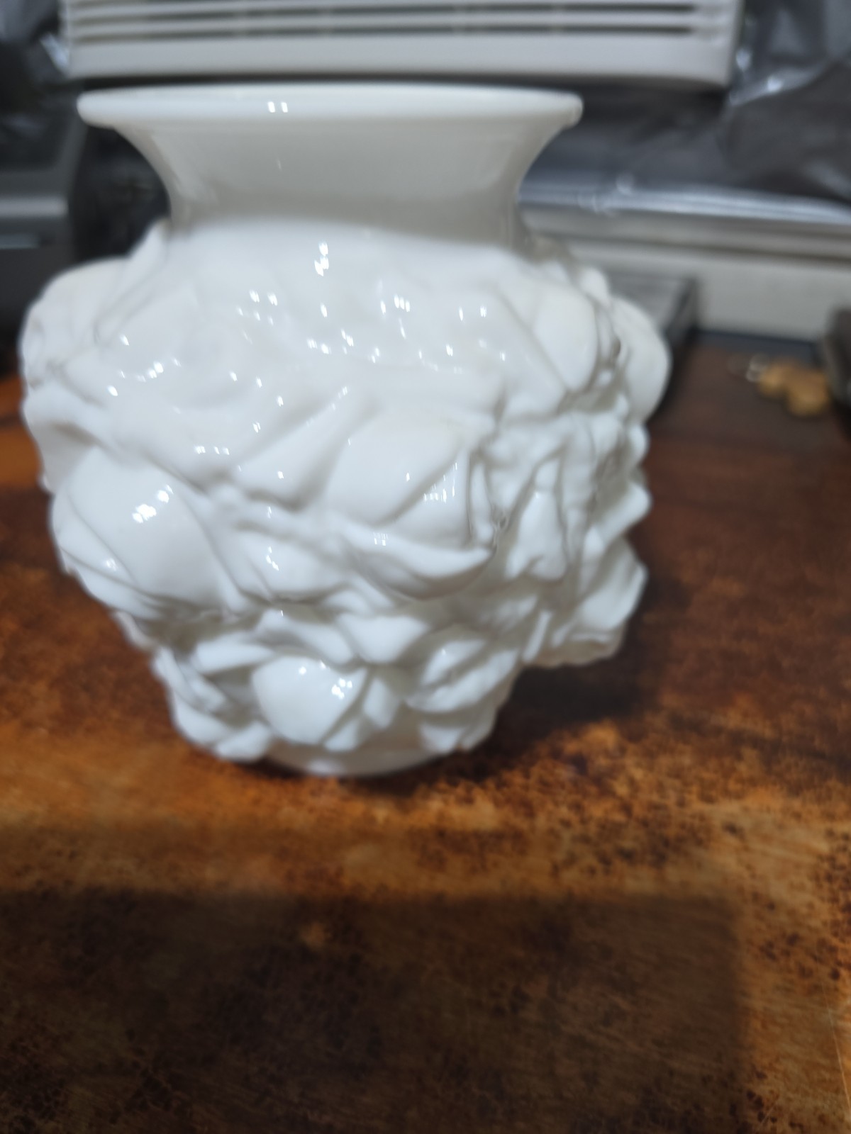Vintage Imperial Milk Glass Roses Vase 6.5in Tall 6in Diameter