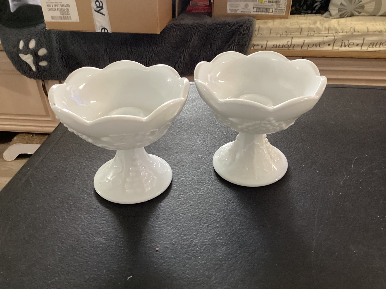 Pair of Milk glass scalloped top pedestal stick candle holder
