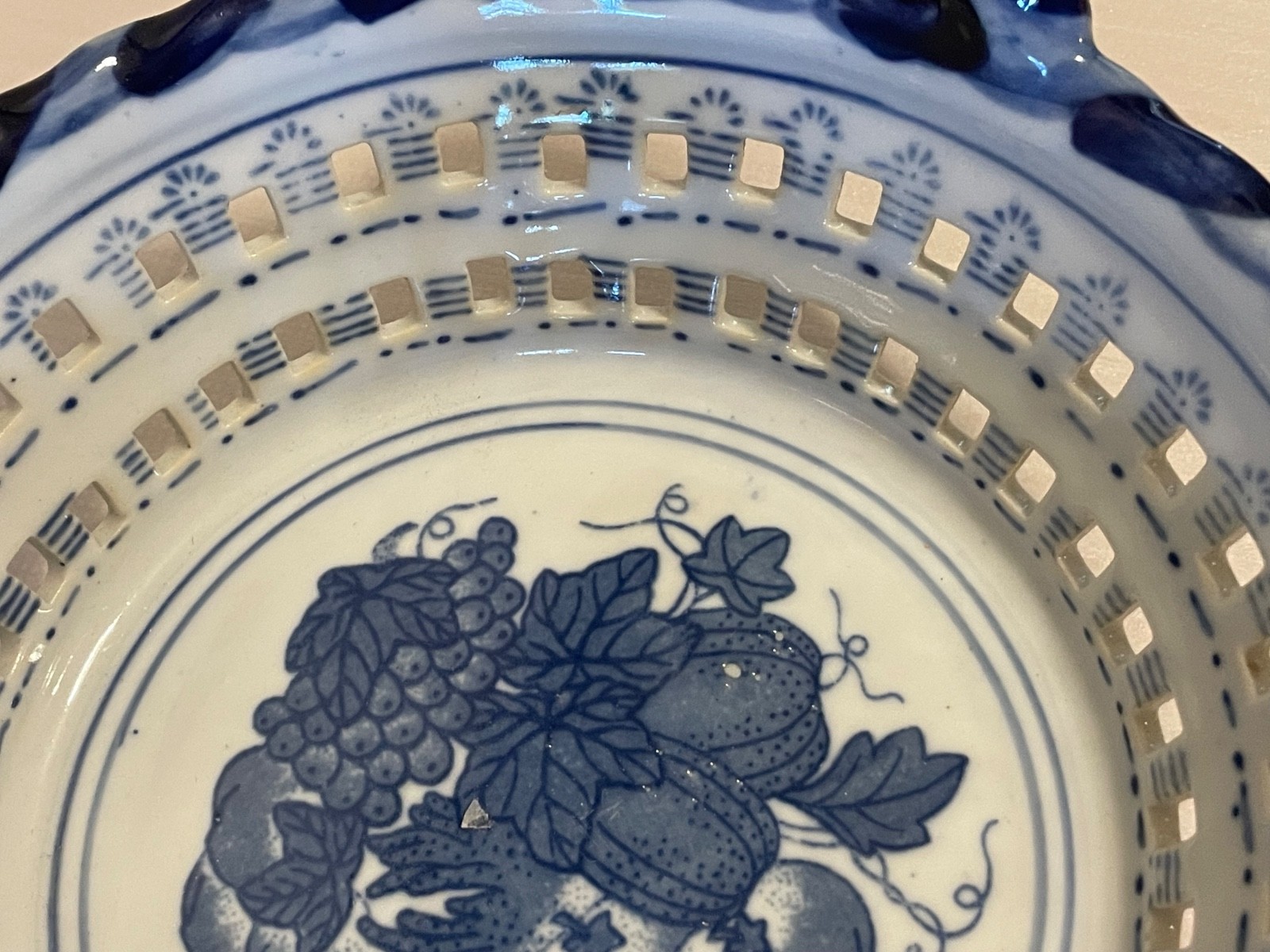 Ceramic Bowl Basket Lattice Fruit With Handles White Blue 8 Inch 64