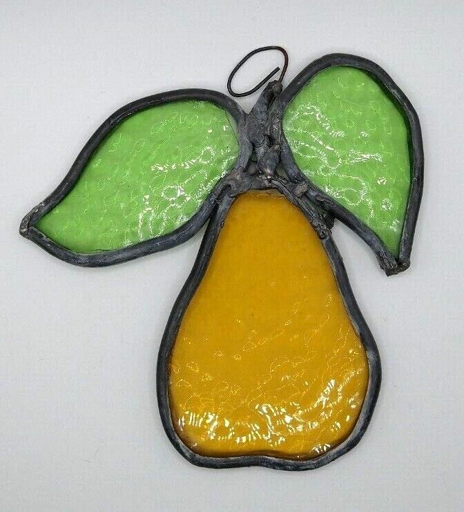 Sun Catcher Stained Glass Pear with Plastic Suction Cup Yellow an Green Glass
