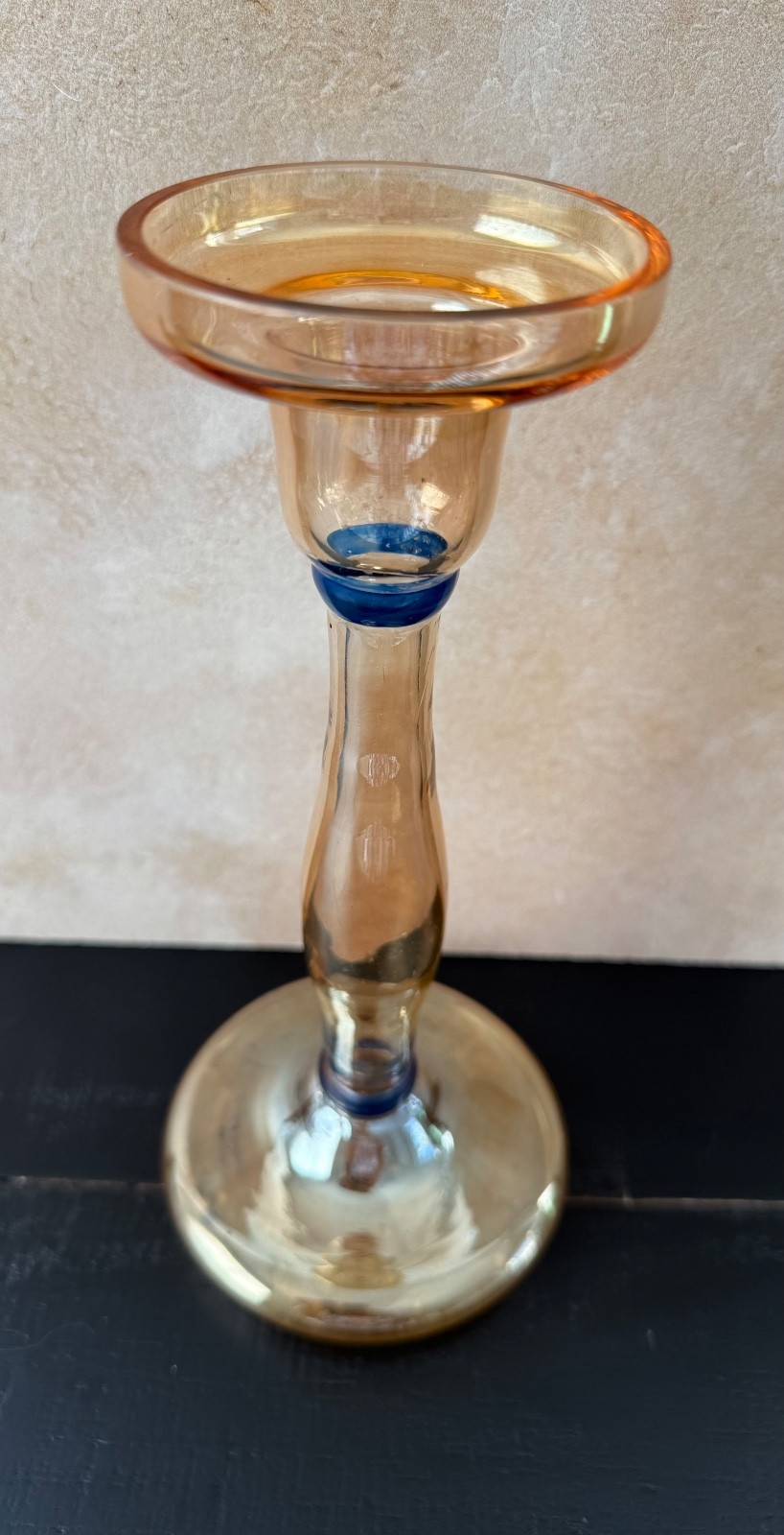 VINTAGE GOLD AND BLUE IRIDESCENT ART GLASS TAPER CANDLESTICK 8.5”