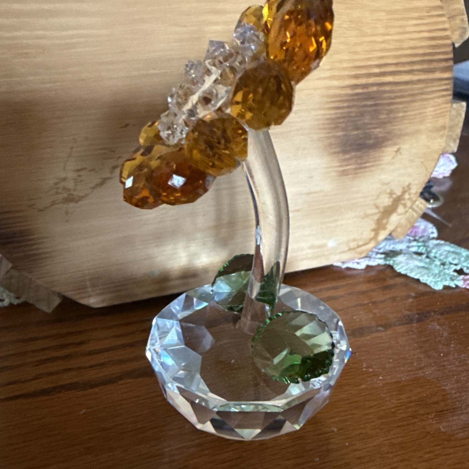 Vibrant Orange And Green Glass Crystal Sunflower Figurine With Clear Vase
