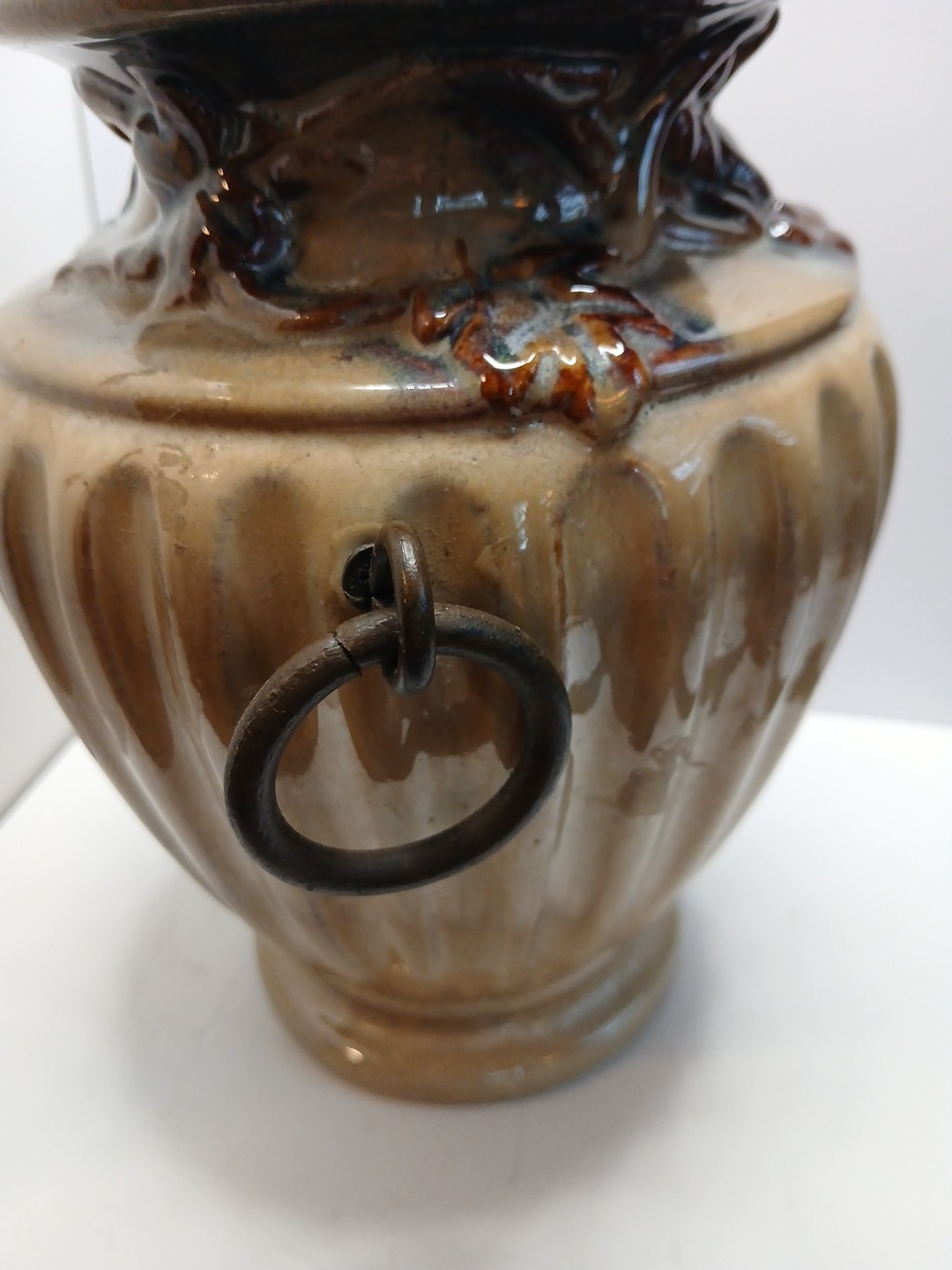 Brown Drip Glaze Ribbed 9.25 In Vase With Metal Ring Handles