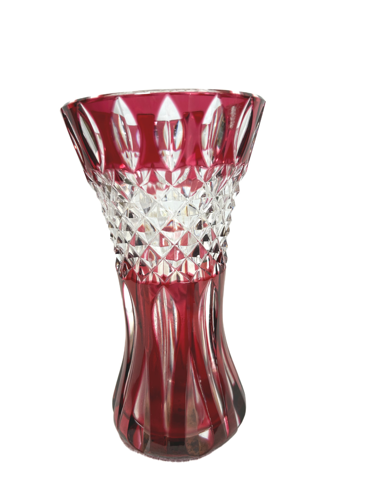 Vintage Val Saint Lambert Cranberry Red Cut to Clear Crystal Teniers Vase 8″