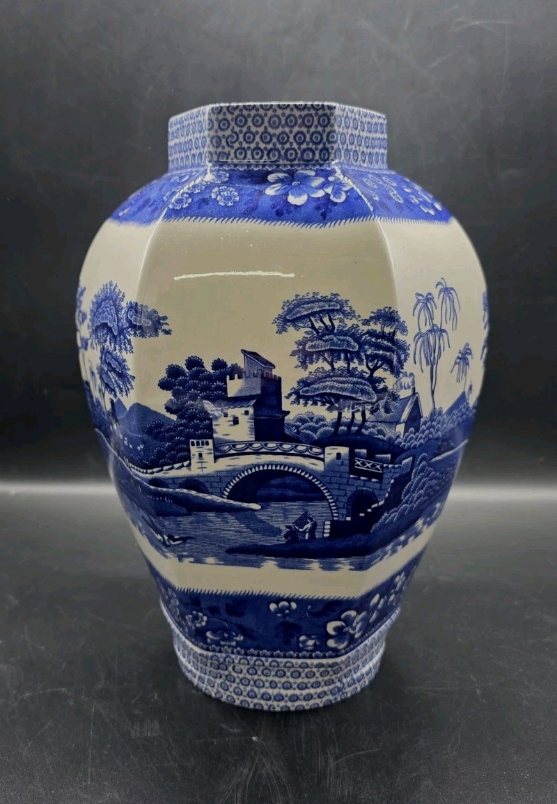 Vntg SPODE England Blue Tower Octagonal Ginger Jar Vase NO LID 11¼x8″