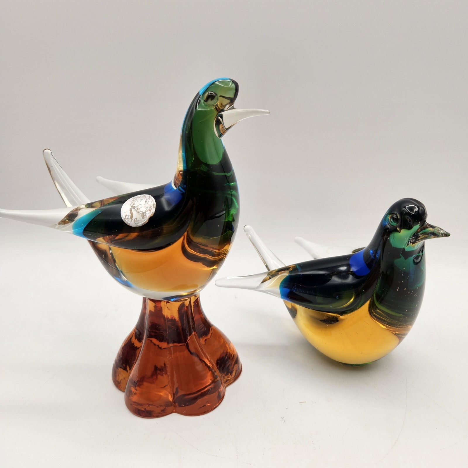 VTG Set Of 2 Murano Art Glass Birds Doves Green Blue Yellow Amber W/ Sticker