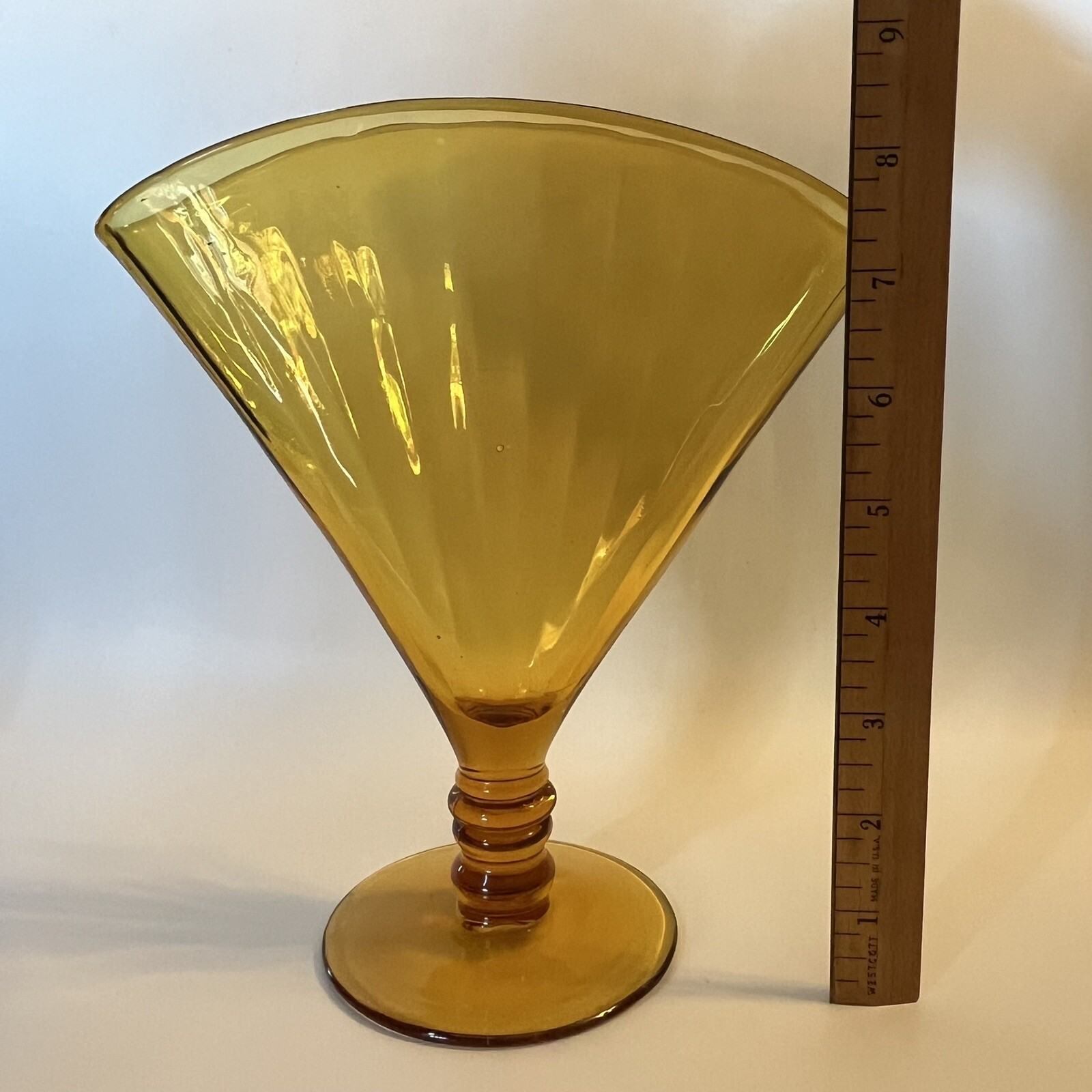 Vintage Amber Glass Fan Vase Optic Ribbed 8.5″ H x 7 L x 1.25″ W 3.75″ D Base