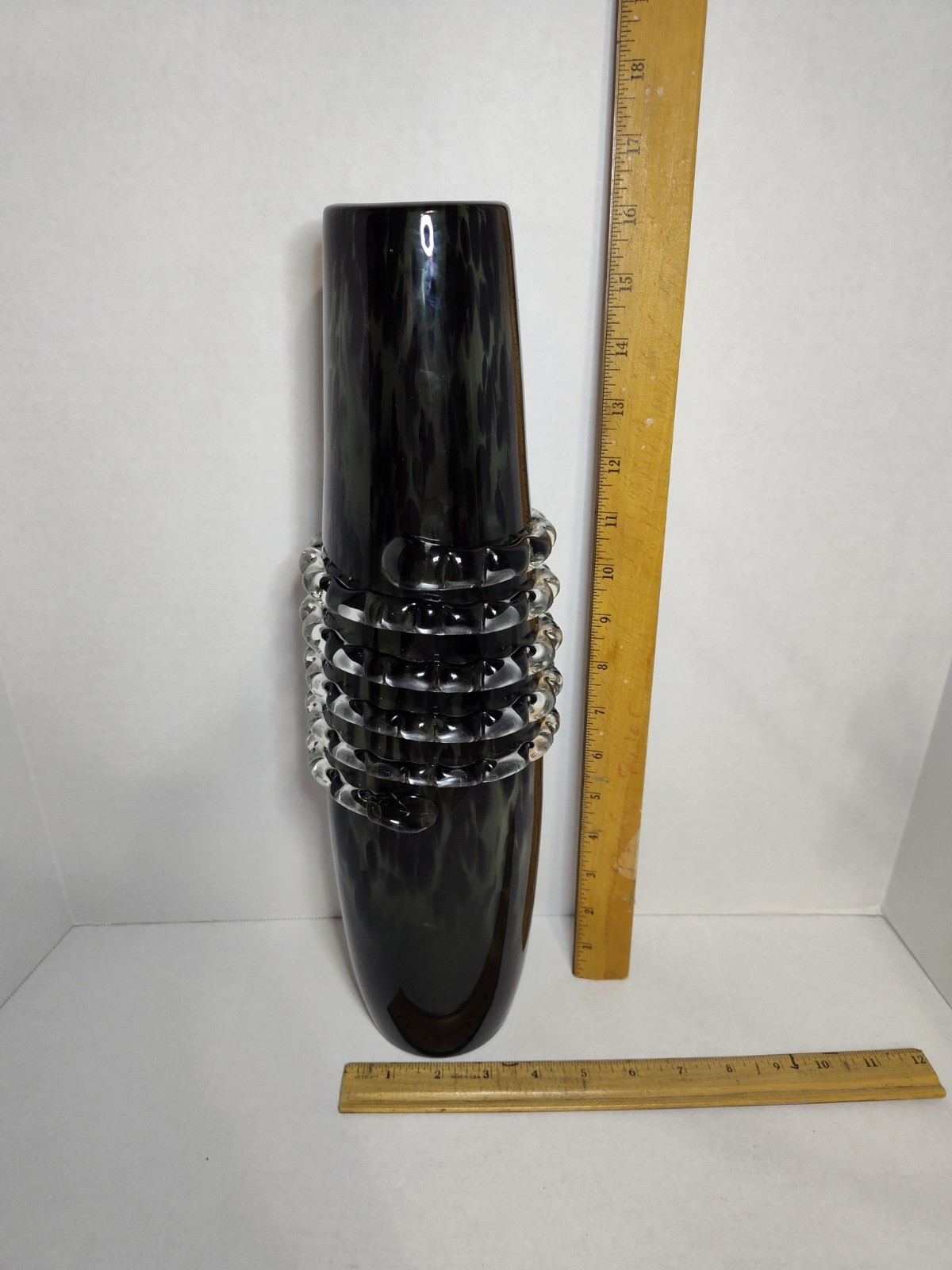 Black Speckled Glass Art Vase With Spiral Skeleton Like Wrap Moody Goth Decor