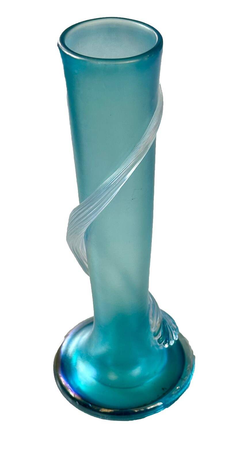 Vtg Joseph Morel Zellique 9.25″ Teal Iridescent Rainbow Feather Art Glass Vase