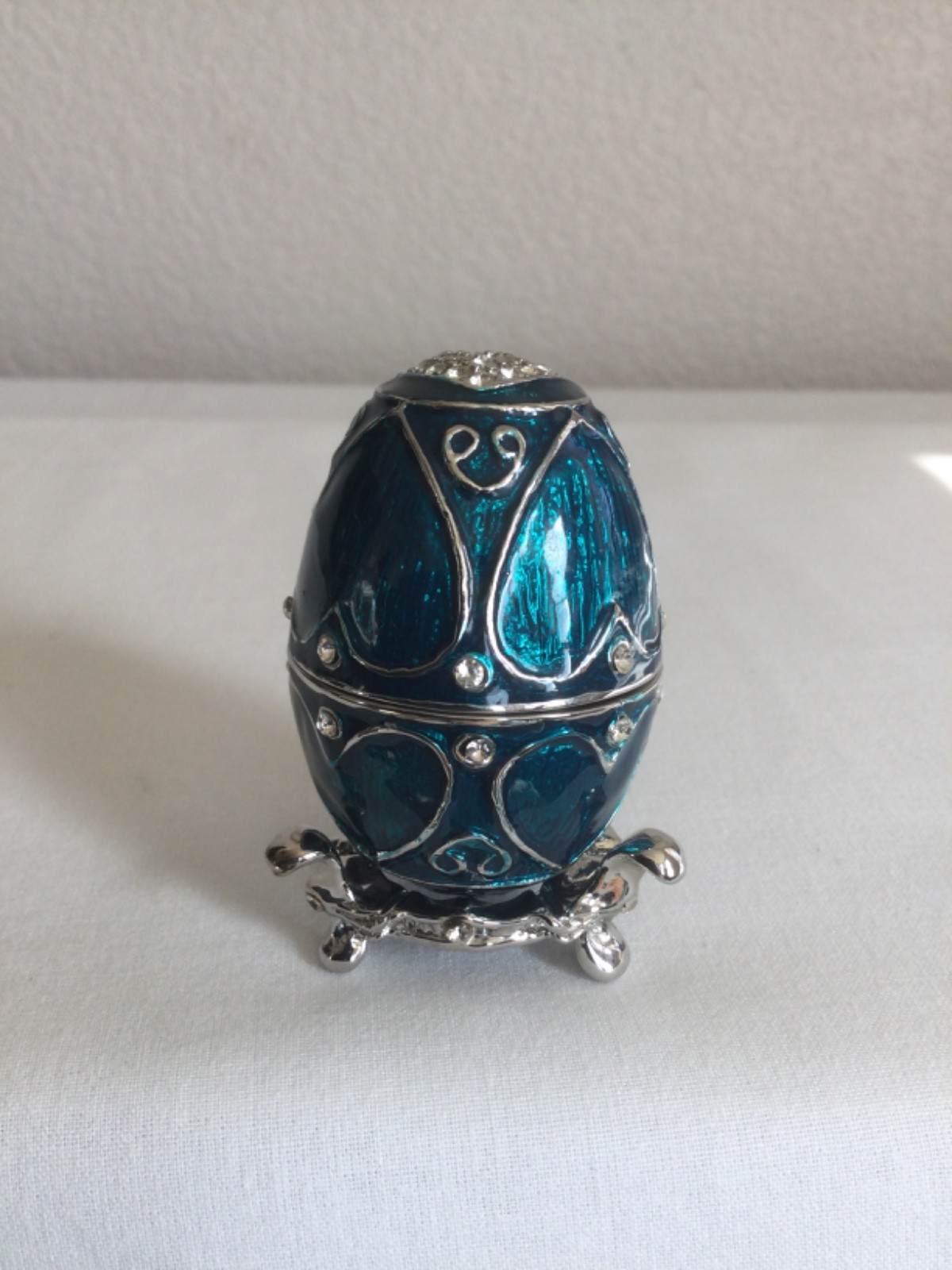 Egg Shape Trinket Box Blue Colors Hearts & Rhinestones Hinged on Stand 2 1/2″