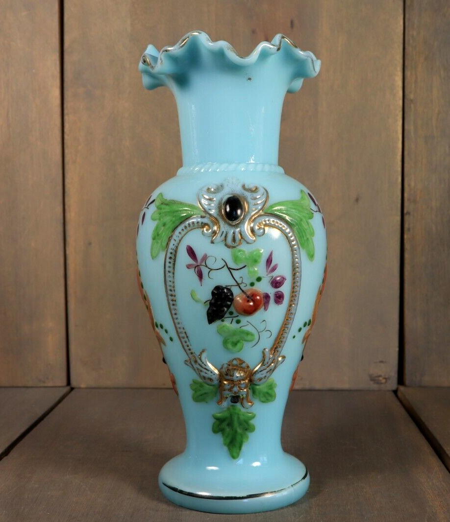 Antique French Blue Opaline Vase Glass Enameled Bird Victorian -Ships DDP to USA
