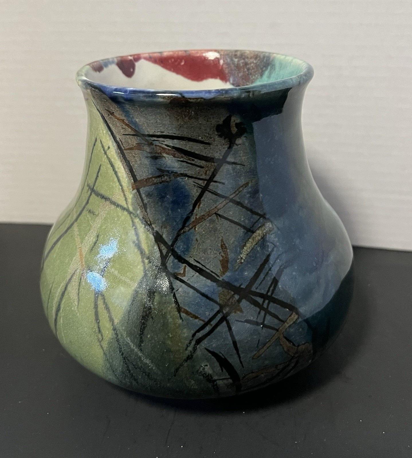 Studio Art Pottery HandPainted Vase Cranberry Green Bulbous Base 6”H Vintage_