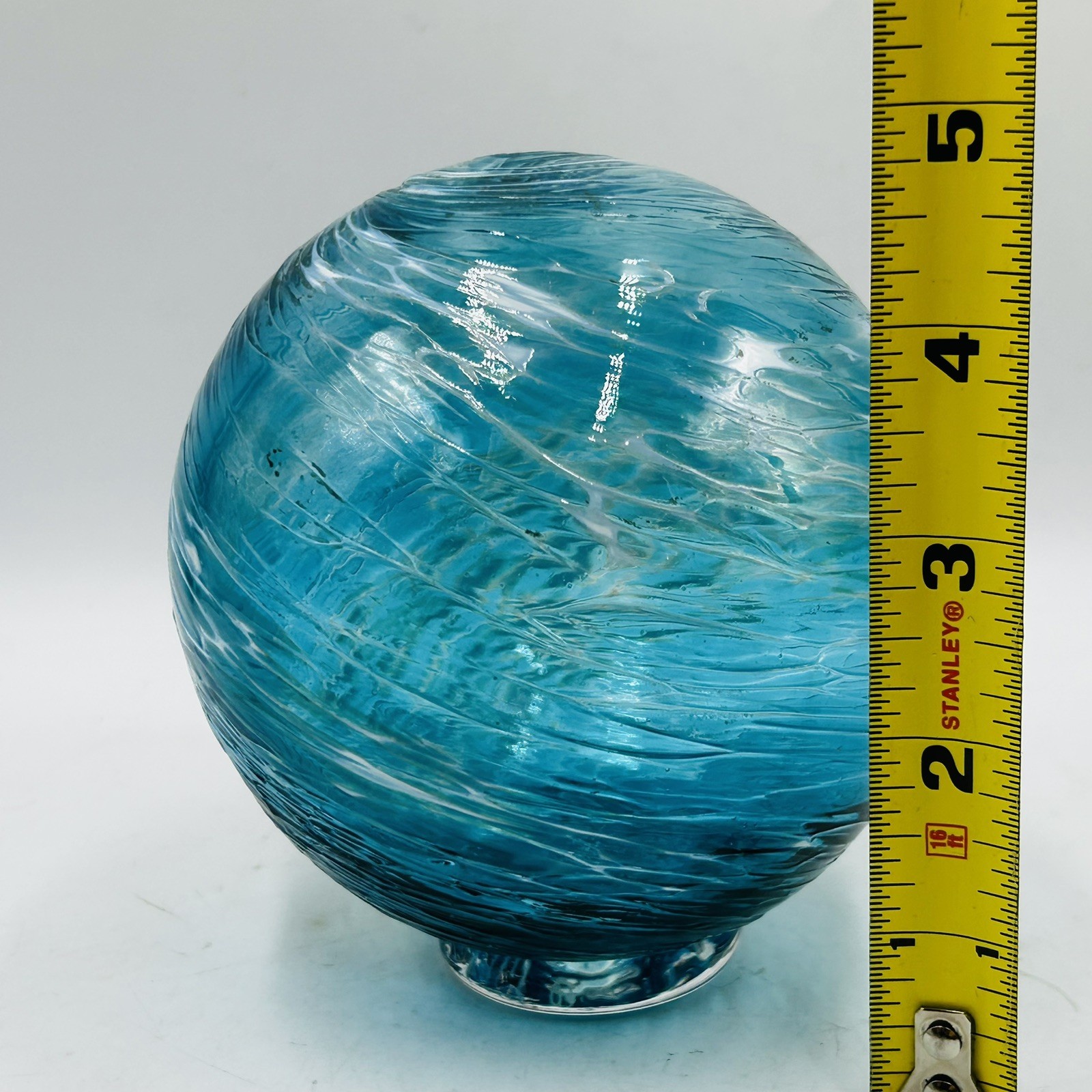 Opal Art Glass Blue White Swirl Glass Float Gazing Ball Orb 5” Tall