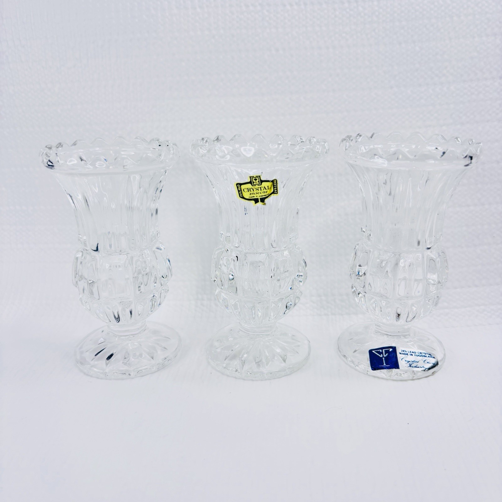 Set Of 3 Vintage KRISTAL Zajecar 4-1/4″ Footed VASE 24 % Lead – Yugoslavia