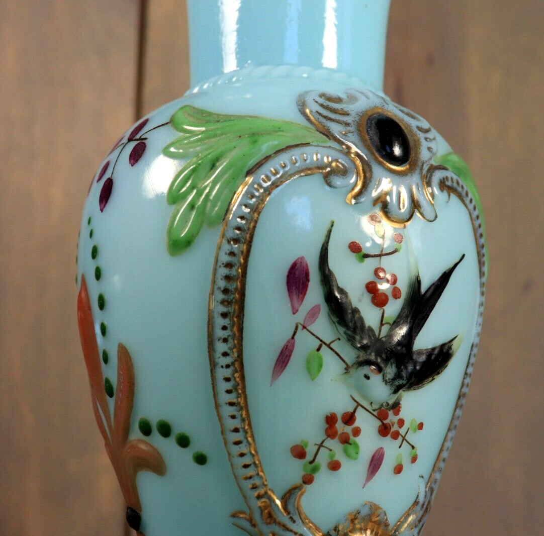 Antique French Blue Opaline Vase Glass Enameled Bird Victorian -Ships DDP to USA
