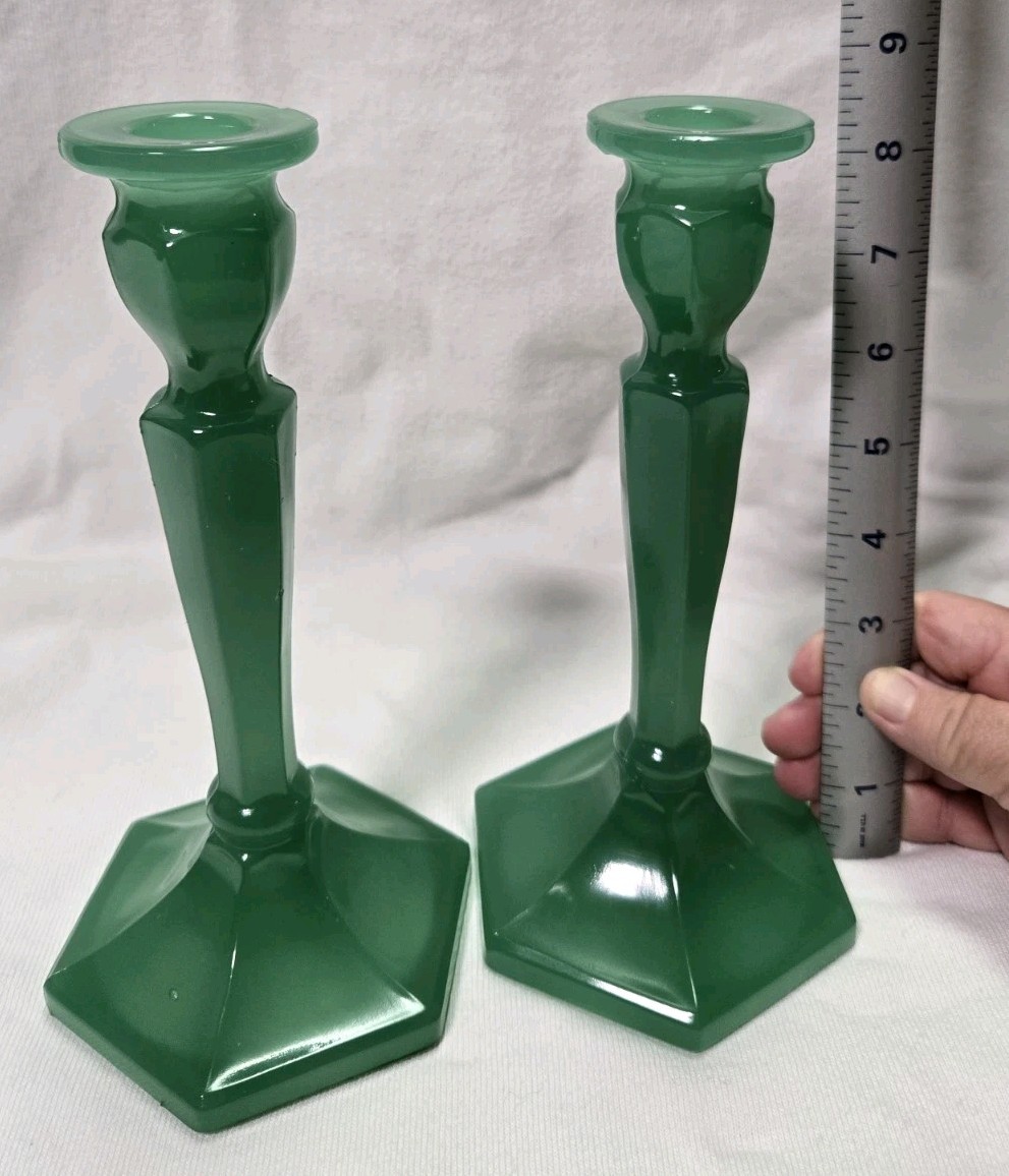 Vintage McKee Jadeite Green Glass Candlestick Holders Pair 8″ Hex Deco