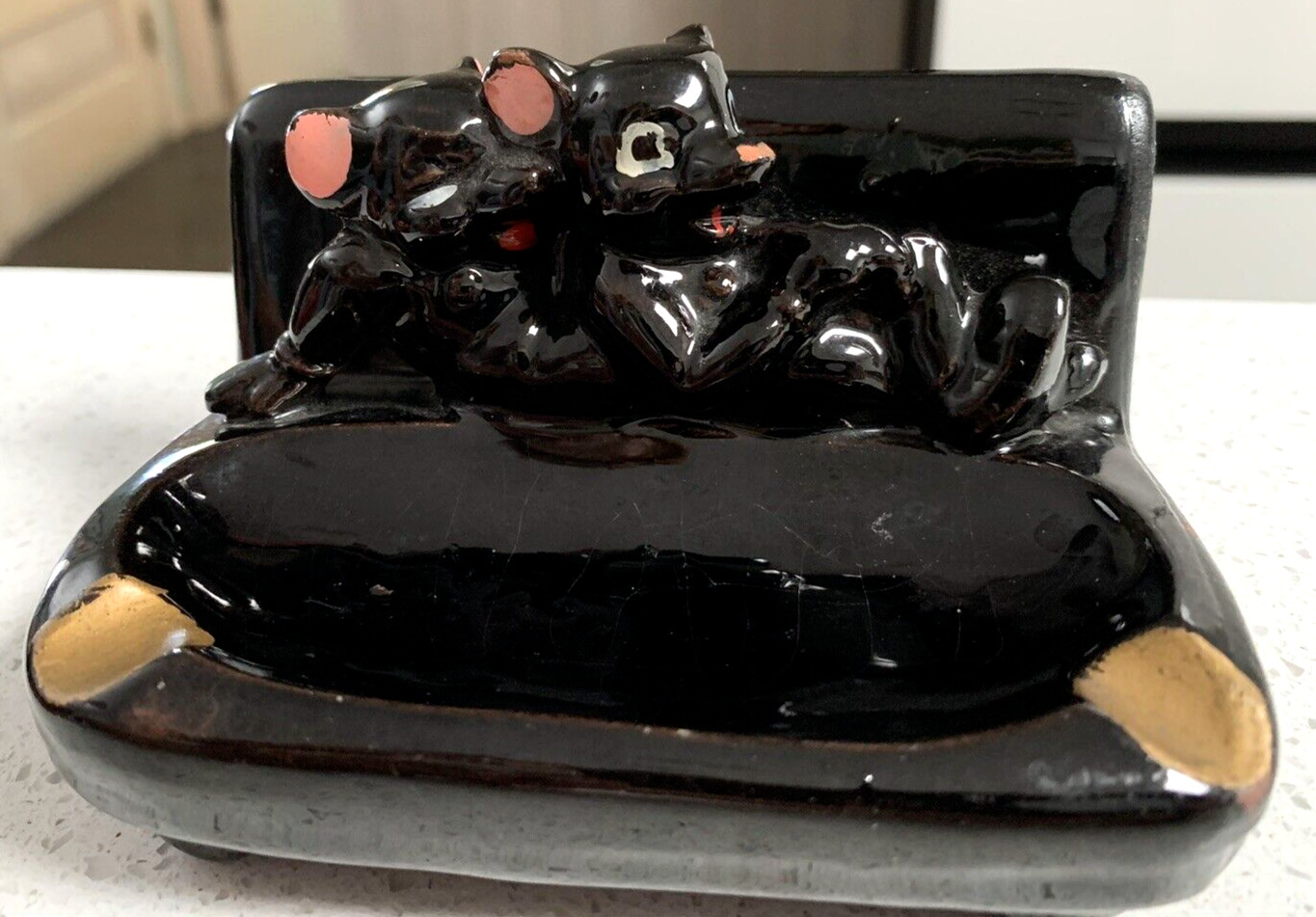 Redware Vintage Ashtray Cat & Dog? Figures VGC Red Ware