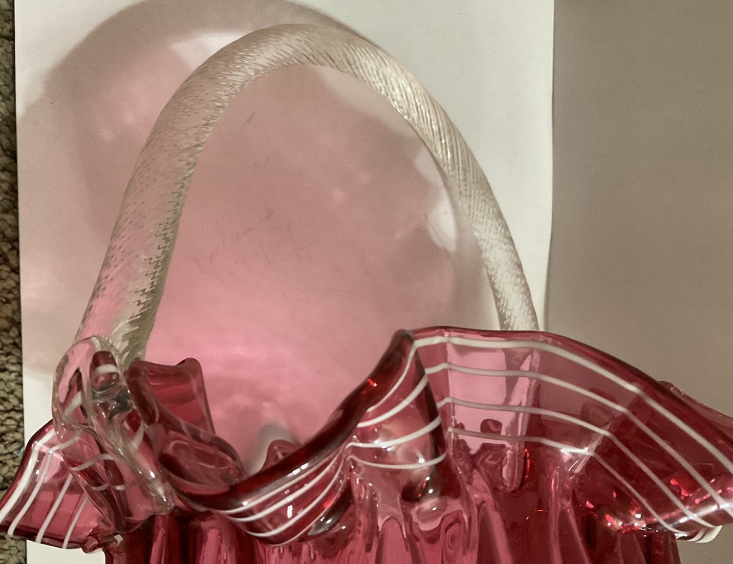 Fenton Cranberry Glass Overlay Ruffled Basket with Handle 1950 Ribbed Art Glass