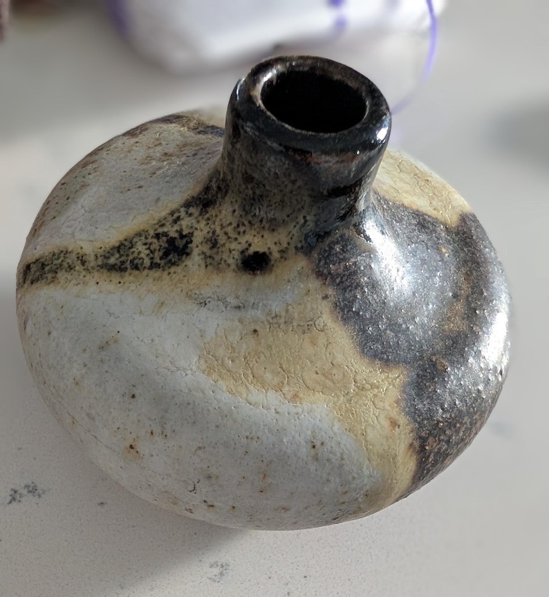 Vintage 1967 Studio Pottery Bud Vase – Signed Ceramic Stoneware, MCM Wabi Sabi R