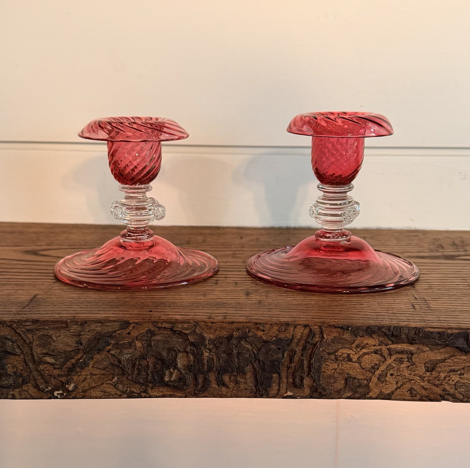 Steuben-Two Spiral Ribbed Gold Ruby Transparent Prunt Candlesticks #6384 Signed