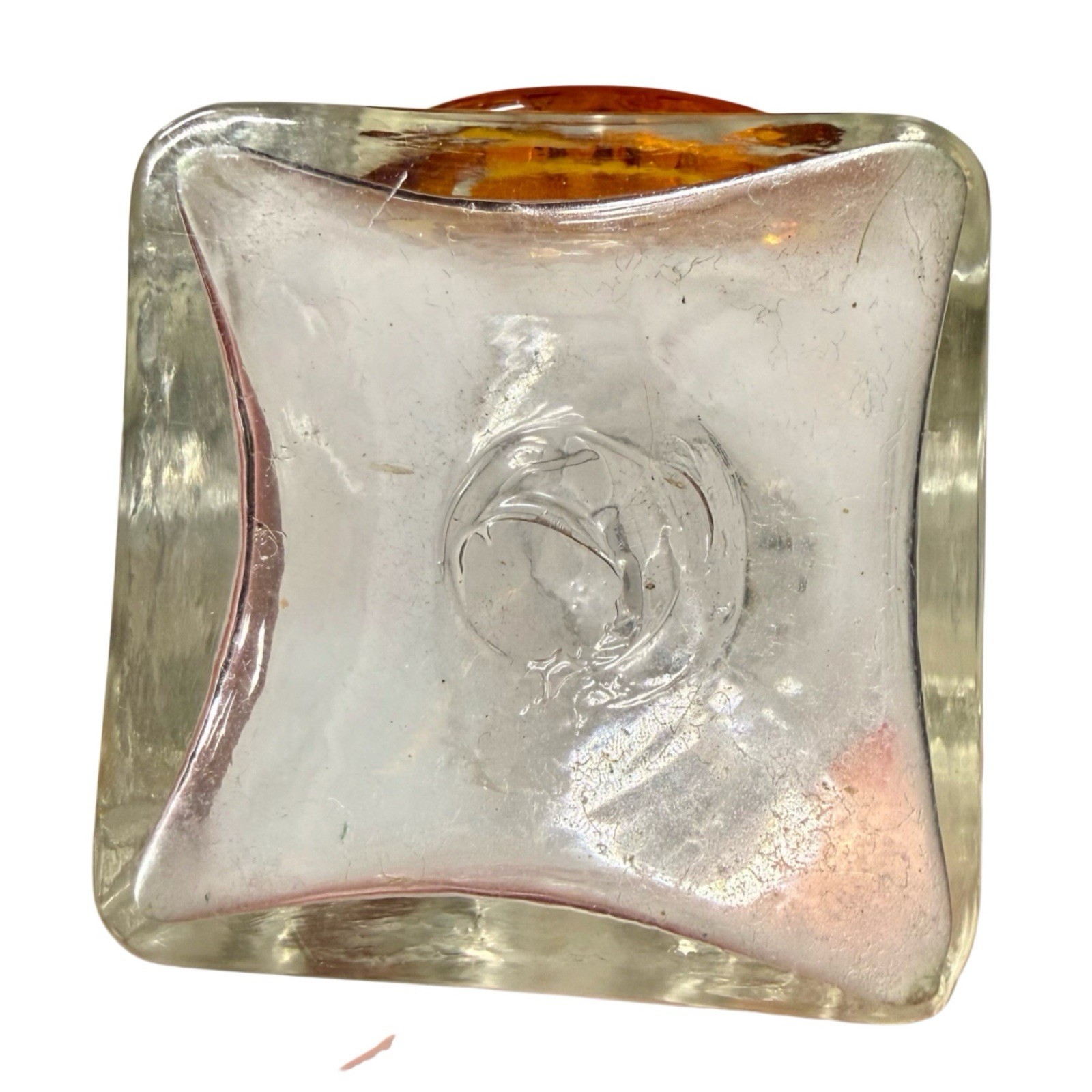 Vintage RAINBOW ART GLASS Mini Decanter, NO STOPPER, Amber Flower Medallion