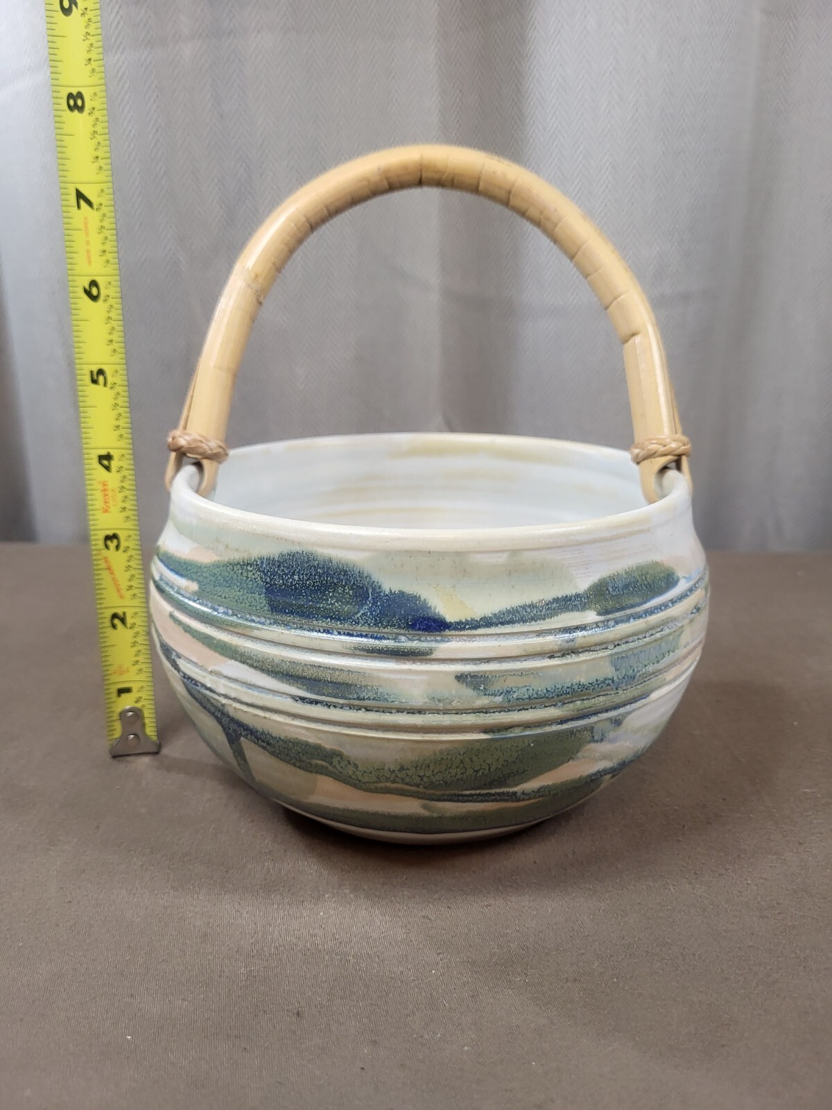 Studio Art Pottery Basket Bowl With Rattan Handle Artist Signed
