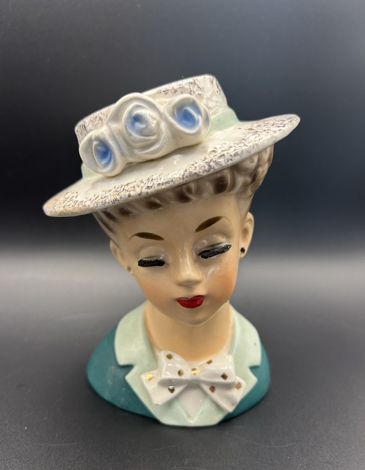 Vintage Ardco Lady Head Vase Hat w/Blue Flowers, Teal & Mint Green Top & Bow Tie