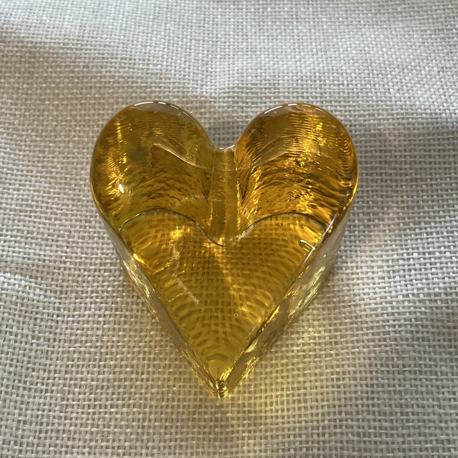 Fire & Light Recycled Glass Signed Citrus Yellow Heart Paperweight Art 2.5″