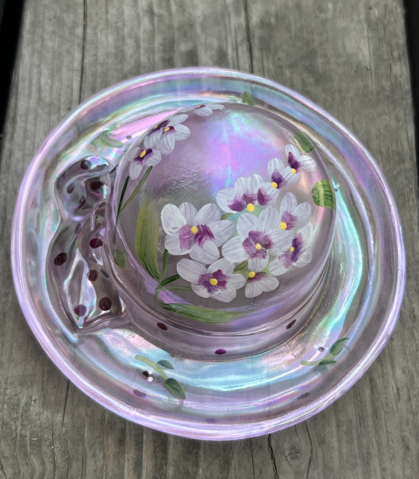 Fenton Glass Dotted Pink Glossy Iridescent Ladies Hat Bonnet Signed By M. Cade