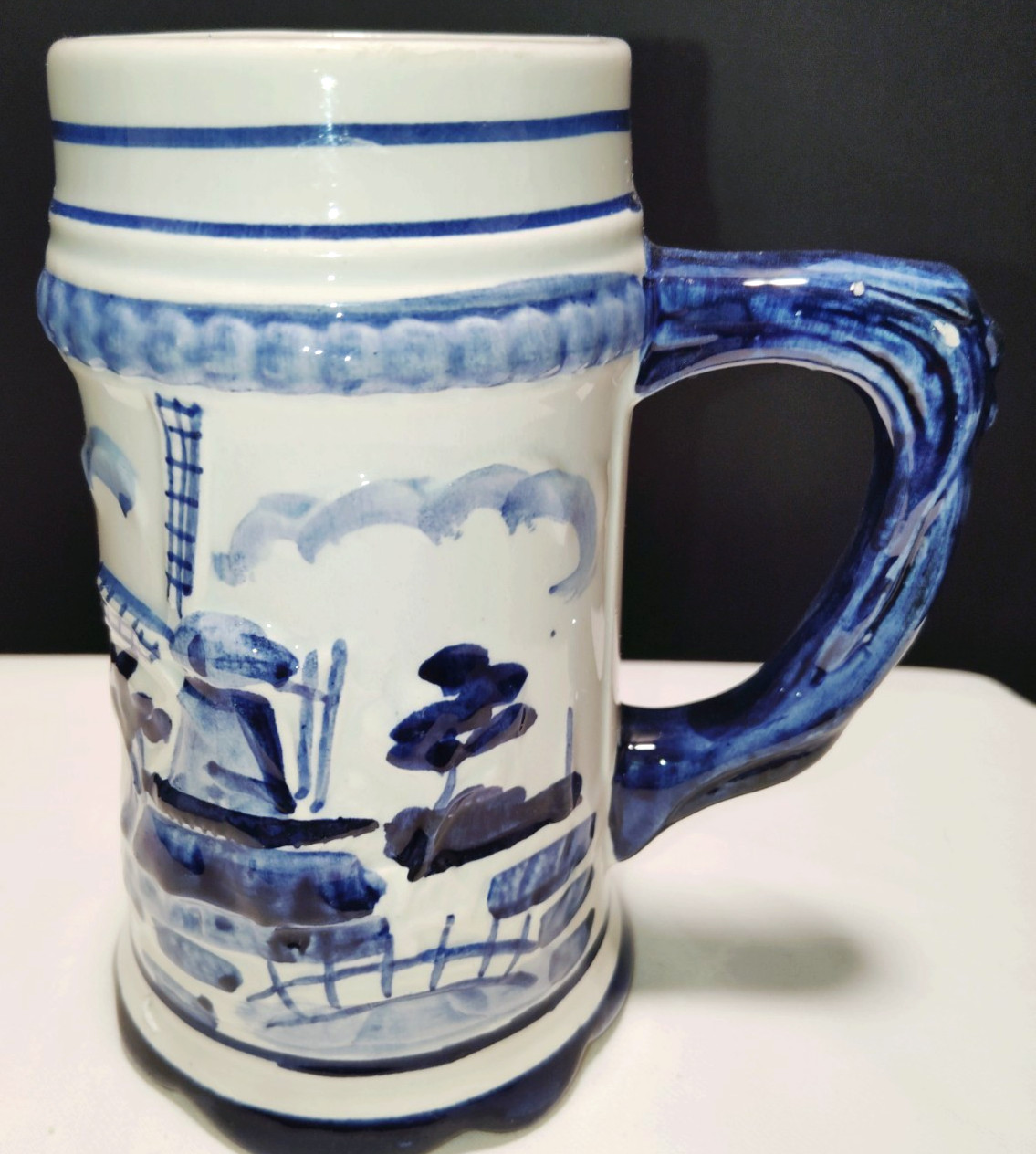 Delft Style Blue White Windmill Beer Mug Ceramic Hand Painted Collectible